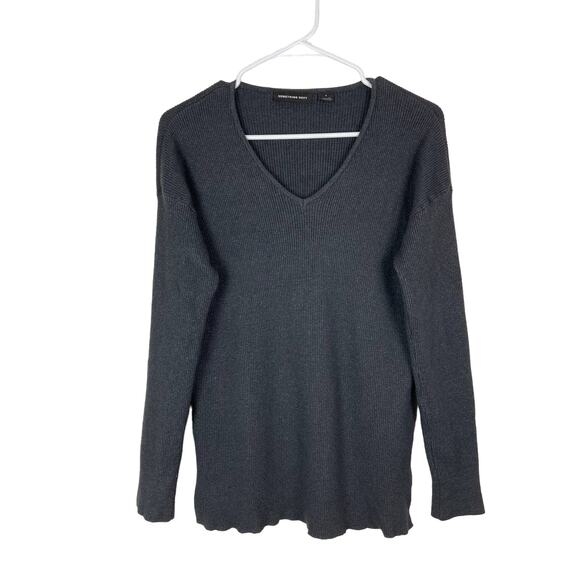 Something Navy Gray Black Sweater Pullover Ribbed V-Neck Slits Stretchy Small - Picture 1 of 8